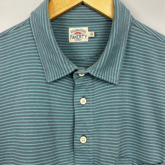 Faherty Isle Feeder Stripe Short Sleeve Polo Shirt In Navy/ Teal Sz L - Picture 3 of 8